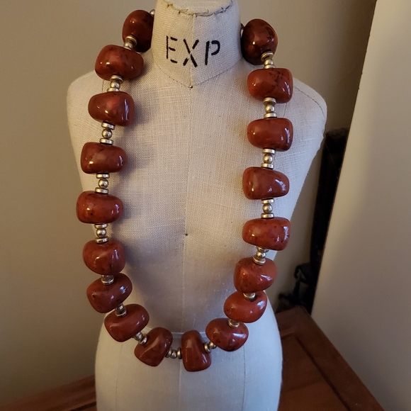 Chico's Chunky Burnt-Sienna Beads with Golden Accents - Picture 7 of 9